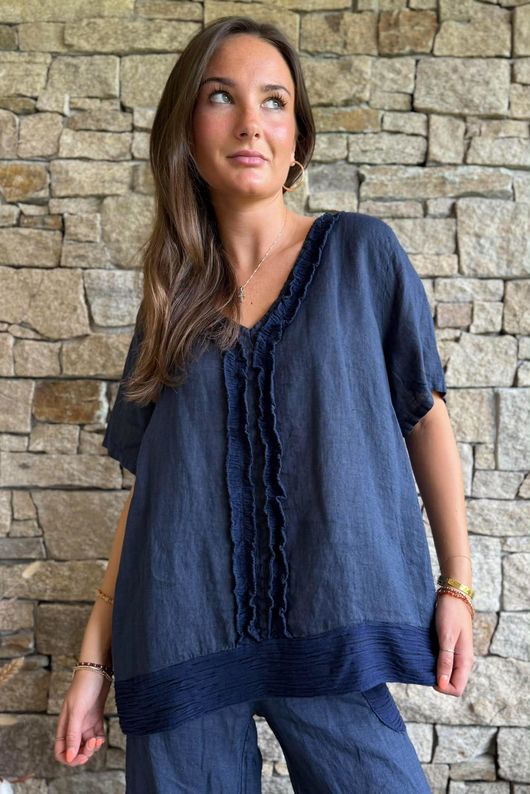 Benji Linen Wave Y Tee Navy